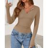 imageBTFBM Long Sleeve Shirts for Women 2025 Fall Fashion V Neck Knit Ruched Slim Fit Casual Basic Tees Going Out Tops Y2kKhaki