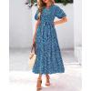 imageBTFBM Women Summer Fall Boho Maxi Dress Casual Floral Puff Short Sleeve V Neck Button Belt Flowy Beach Vacation DressesPrint Aqua Green Blue