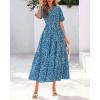 imageBTFBM Women Summer Fall Boho Maxi Dress Casual Floral Puff Short Sleeve V Neck Button Belt Flowy Beach Vacation DressesPrint Aqua Green Blue