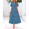 imageBTFBM Women Summer Fall Boho Maxi Dress Casual Floral Puff Short Sleeve V Neck Button Belt Flowy Beach Vacation DressesPrint Aqua Green Blue