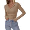 imageBTFBM Long Sleeve Shirts for Women 2025 Fall Fashion V Neck Knit Ruched Slim Fit Casual Basic Tees Going Out Tops Y2kKhaki