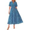 imageBTFBM Women Summer Fall Boho Maxi Dress Casual Floral Puff Short Sleeve V Neck Button Belt Flowy Beach Vacation DressesPrint Aqua Green Blue