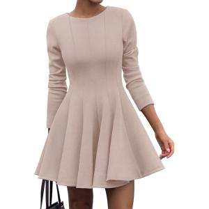 imageBTFBM Long Sleeve Dress for Women Fall 2025 High Waist Flowy Pleated A Line Party Wedding Guest Dresses Business CasualBeige