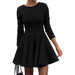 imageBTFBM Long Sleeve Dress for Women Fall 2025 High Waist Flowy Pleated A Line Party Wedding Guest Dresses Business CasualBlack