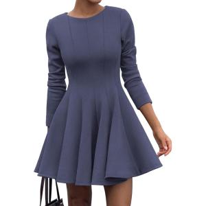 imageBTFBM Long Sleeve Dress for Women Fall 2025 High Waist Flowy Pleated A Line Party Wedding Guest Dresses Business CasualGrey Blue