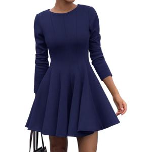 imageBTFBM Long Sleeve Dress for Women Fall 2025 High Waist Flowy Pleated A Line Party Wedding Guest Dresses Business CasualNavy
