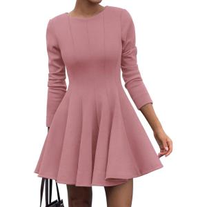 imageBTFBM Long Sleeve Dress for Women Fall 2025 High Waist Flowy Pleated A Line Party Wedding Guest Dresses Business CasualPink