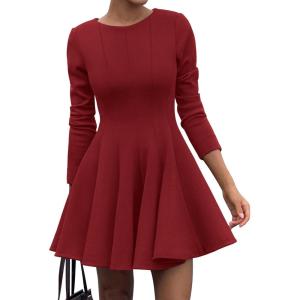 imageBTFBM Long Sleeve Dress for Women Fall 2025 High Waist Flowy Pleated A Line Party Wedding Guest Dresses Business CasualRed