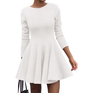 imageBTFBM Long Sleeve Dress for Women Fall 2025 High Waist Flowy Pleated A Line Party Wedding Guest Dresses Business CasualWhite