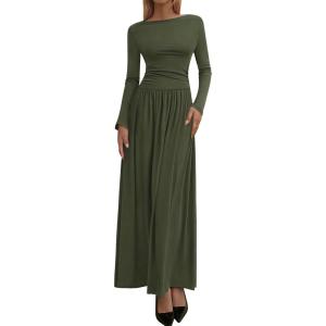 imageBTFBM Long Sleeve Maxi Dresses for Women 2025 Fall Casual Ruched Boat Neck Flowy Elegant Formal Wedding Guest DressArmy Green