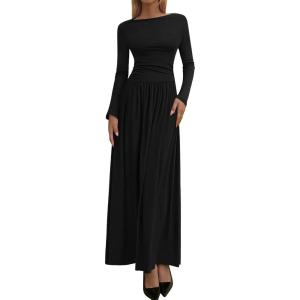 imageBTFBM Long Sleeve Maxi Dresses for Women 2025 Fall Casual Ruched Boat Neck Flowy Elegant Formal Wedding Guest DressBlack