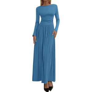 imageBTFBM Long Sleeve Maxi Dresses for Women 2025 Fall Casual Ruched Boat Neck Flowy Elegant Formal Wedding Guest DressBlue