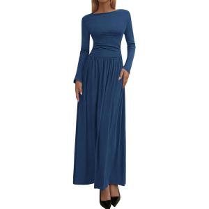 imageBTFBM Long Sleeve Maxi Dresses for Women 2025 Fall Casual Ruched Boat Neck Flowy Elegant Formal Wedding Guest DressDark Blue