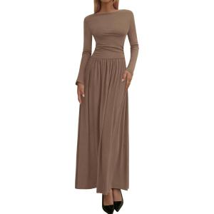 imageBTFBM Long Sleeve Maxi Dresses for Women 2025 Fall Casual Ruched Boat Neck Flowy Elegant Formal Wedding Guest DressKhaki