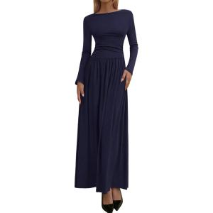 imageBTFBM Long Sleeve Maxi Dresses for Women 2025 Fall Casual Ruched Boat Neck Flowy Elegant Formal Wedding Guest DressNavy Blue