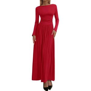 imageBTFBM Long Sleeve Maxi Dresses for Women 2025 Fall Casual Ruched Boat Neck Flowy Elegant Formal Wedding Guest DressRed