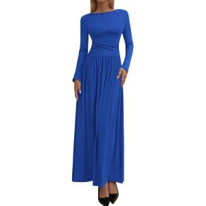 imageBTFBM Long Sleeve Maxi Dresses for Women 2025 Fall Casual Ruched Boat Neck Flowy Elegant Formal Wedding Guest DressRoyal Blue