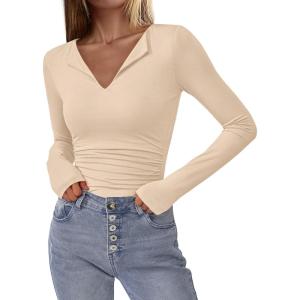 imageBTFBM Long Sleeve Shirts for Women 2025 Fall Fashion V Neck Knit Ruched Slim Fit Casual Basic Tees Going Out Tops Y2kBeige