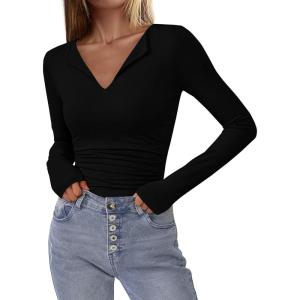 imageBTFBM Long Sleeve Shirts for Women 2025 Fall Fashion V Neck Knit Ruched Slim Fit Casual Basic Tees Going Out Tops Y2kBlack