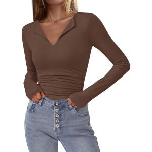 imageBTFBM Long Sleeve Shirts for Women 2025 Fall Fashion V Neck Knit Ruched Slim Fit Casual Basic Tees Going Out Tops Y2kBrown