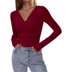 imageBTFBM Long Sleeve Shirts for Women 2025 Fall Fashion V Neck Knit Ruched Slim Fit Casual Basic Tees Going Out Tops Y2kBurgundy