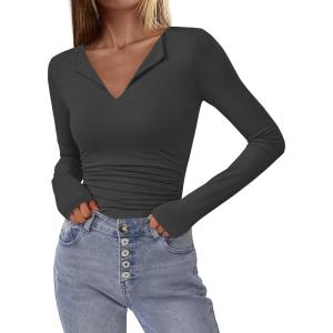 imageBTFBM Long Sleeve Shirts for Women 2025 Fall Fashion V Neck Knit Ruched Slim Fit Casual Basic Tees Going Out Tops Y2kDark Grey