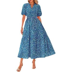 imageBTFBM Women Summer Fall Boho Maxi Dress Casual Floral Puff Short Sleeve V Neck Button Belt Flowy Beach Vacation DressesPrint Aqua Green Blue