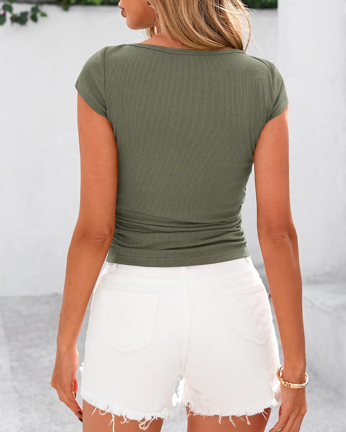 imageBTFBM Womens Summer Tops 2025 Ribbed T Shirts Crew Neck Short Sleeve Stretchy Ruched Slim Fit Workout Going Out TopArmy Green