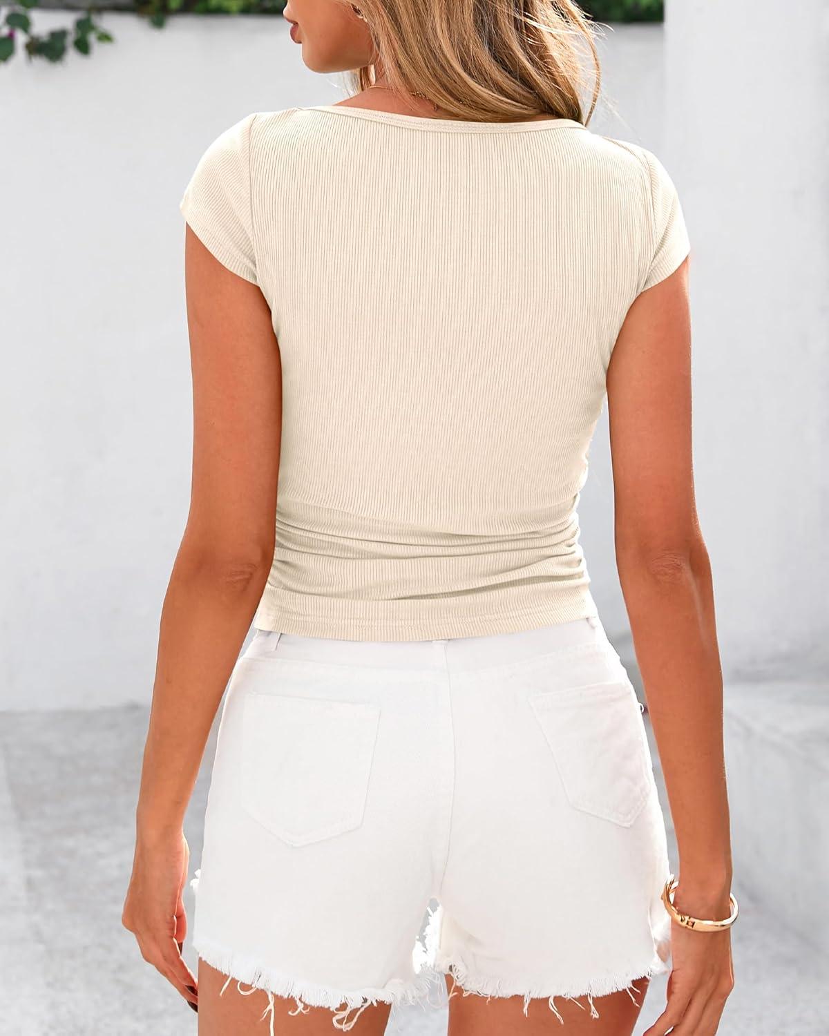 imageBTFBM Womens Summer Tops 2025 Ribbed T Shirts Crew Neck Short Sleeve Stretchy Ruched Slim Fit Workout Going Out TopBeige