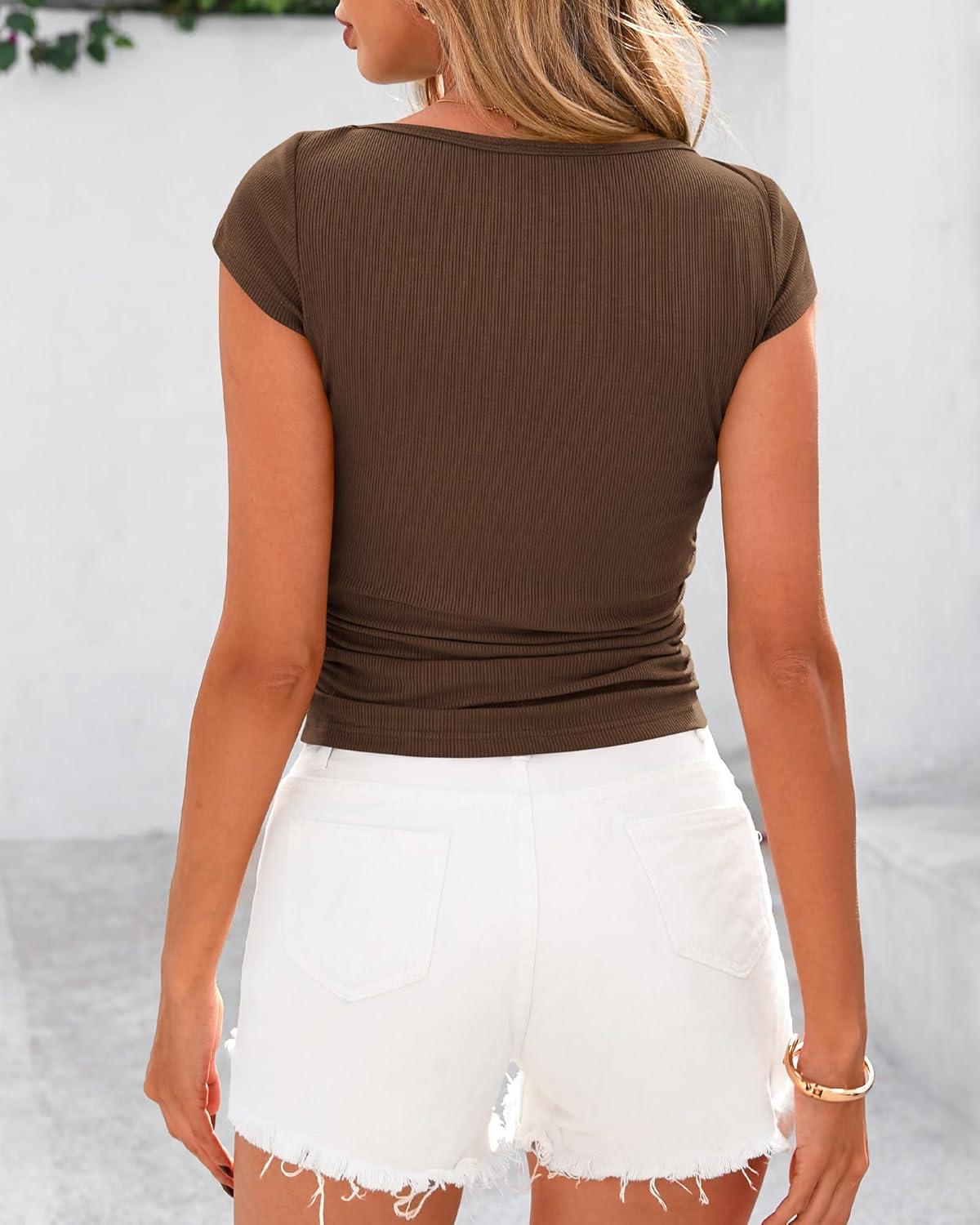 imageBTFBM Womens Summer Tops 2025 Ribbed T Shirts Crew Neck Short Sleeve Stretchy Ruched Slim Fit Workout Going Out TopCoffee