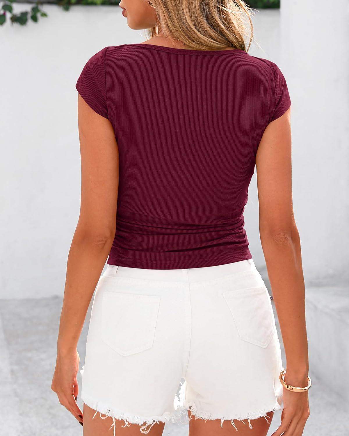 imageBTFBM Womens Summer Tops 2025 Ribbed T Shirts Crew Neck Short Sleeve Stretchy Ruched Slim Fit Workout Going Out TopWine Red