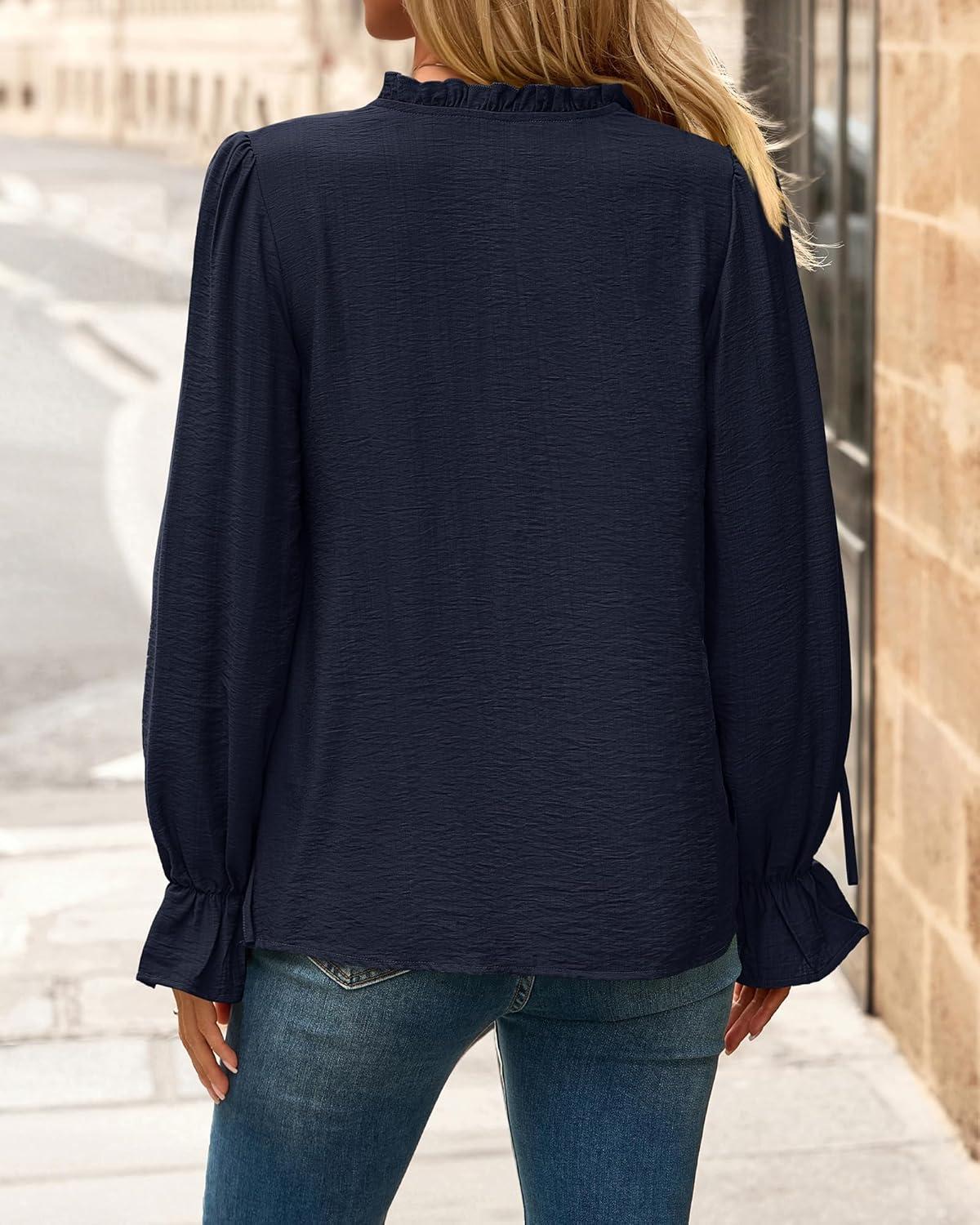imageBTFBM Boho Tops for Women Fall 2025 Casual V Neck Ruffle Long Sleeve Shirts Floral Embroidered Blouses Vacation OutfitsNavy