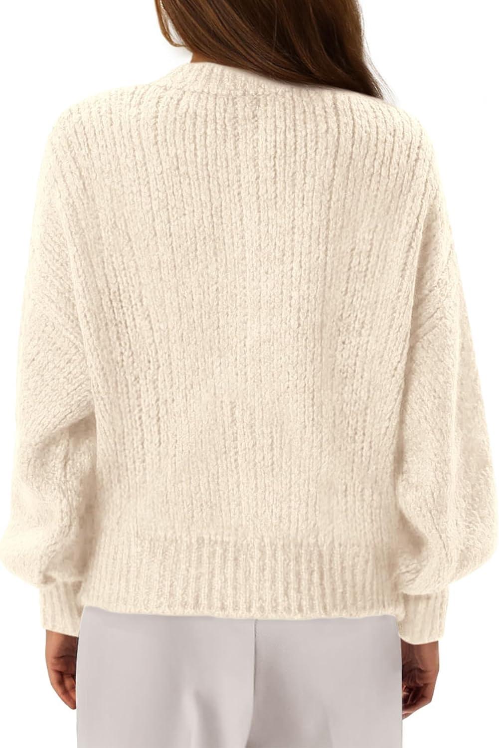 imageBTFBM Chunky Cardigan Sweaters for Women Fall Fashion 2025 Button Lantern Long Sleeve Cable Knit Winter Coats OuterwearBeige White
