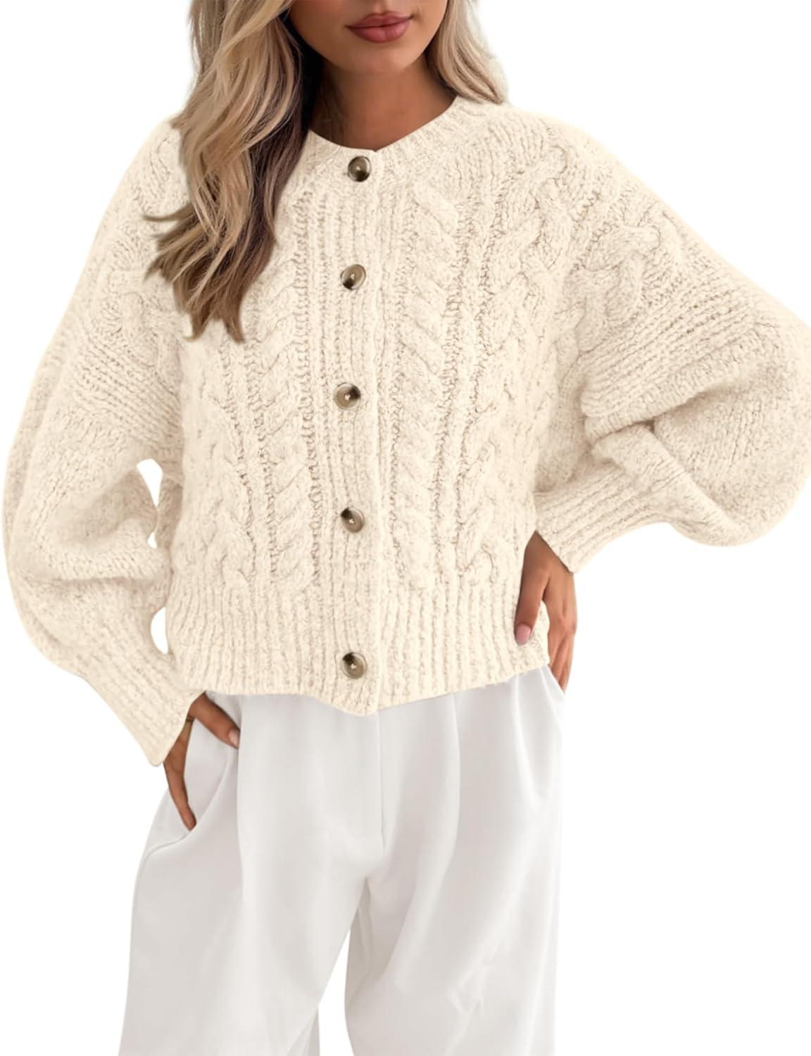imageBTFBM Chunky Cardigan Sweaters for Women Fall Fashion 2025 Button Lantern Long Sleeve Cable Knit Winter Coats OuterwearBeige White