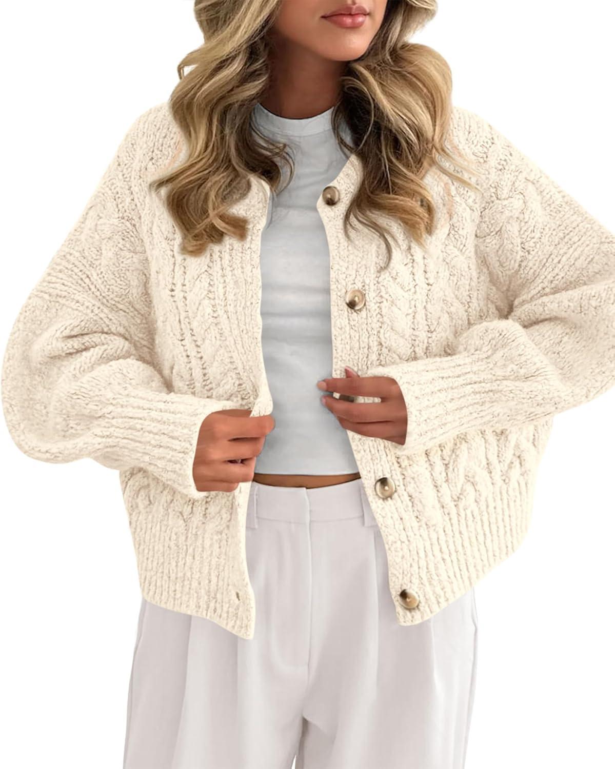 imageBTFBM Chunky Cardigan Sweaters for Women Fall Fashion 2025 Button Lantern Long Sleeve Cable Knit Winter Coats OuterwearBeige White