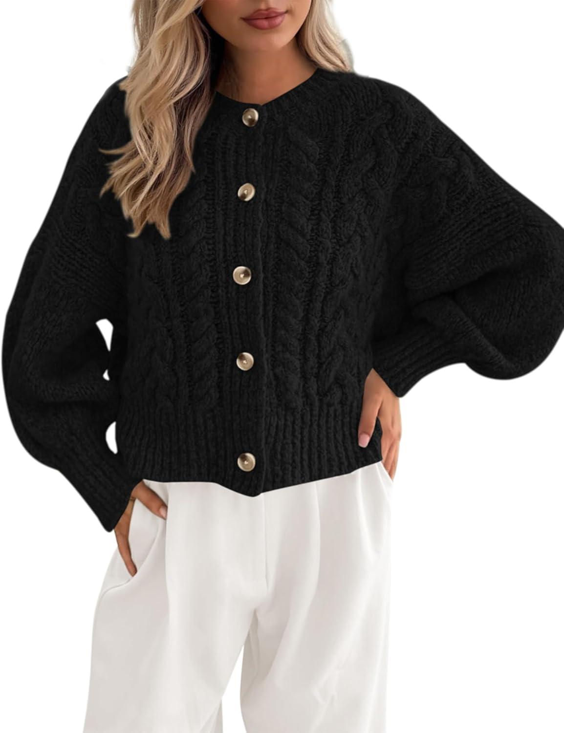 imageBTFBM Chunky Cardigan Sweaters for Women Fall Fashion 2025 Button Lantern Long Sleeve Cable Knit Winter Coats OuterwearBlack
