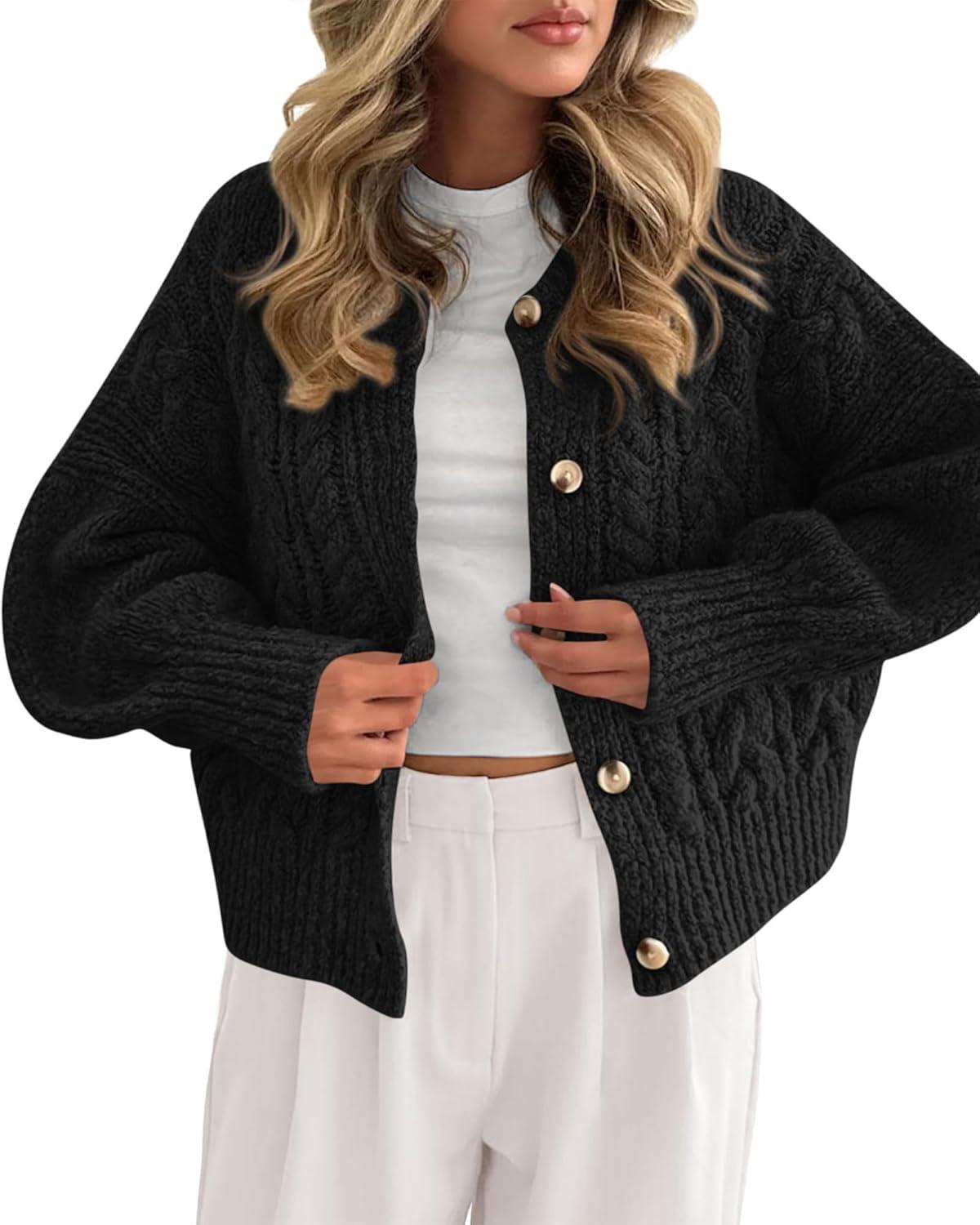 imageBTFBM Chunky Cardigan Sweaters for Women Fall Fashion 2025 Button Lantern Long Sleeve Cable Knit Winter Coats OuterwearBlack