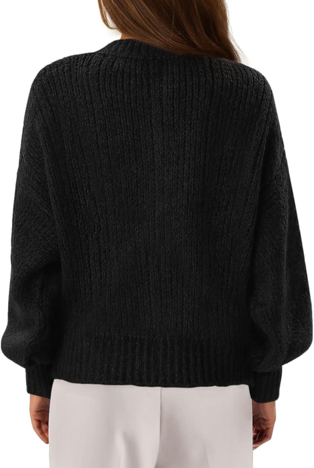 imageBTFBM Chunky Cardigan Sweaters for Women Fall Fashion 2025 Button Lantern Long Sleeve Cable Knit Winter Coats OuterwearBlack
