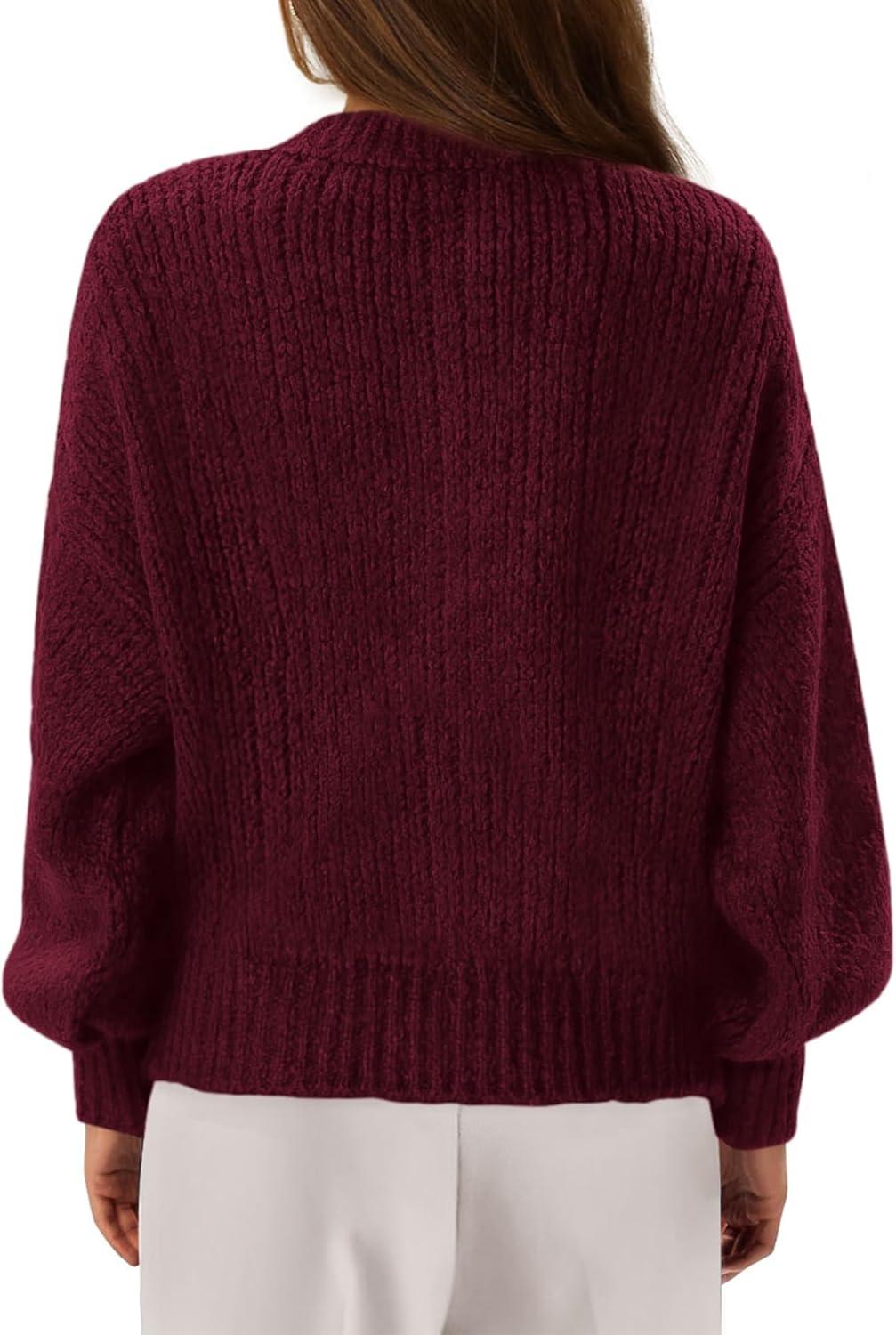 imageBTFBM Chunky Cardigan Sweaters for Women Fall Fashion 2025 Button Lantern Long Sleeve Cable Knit Winter Coats OuterwearBurgundy
