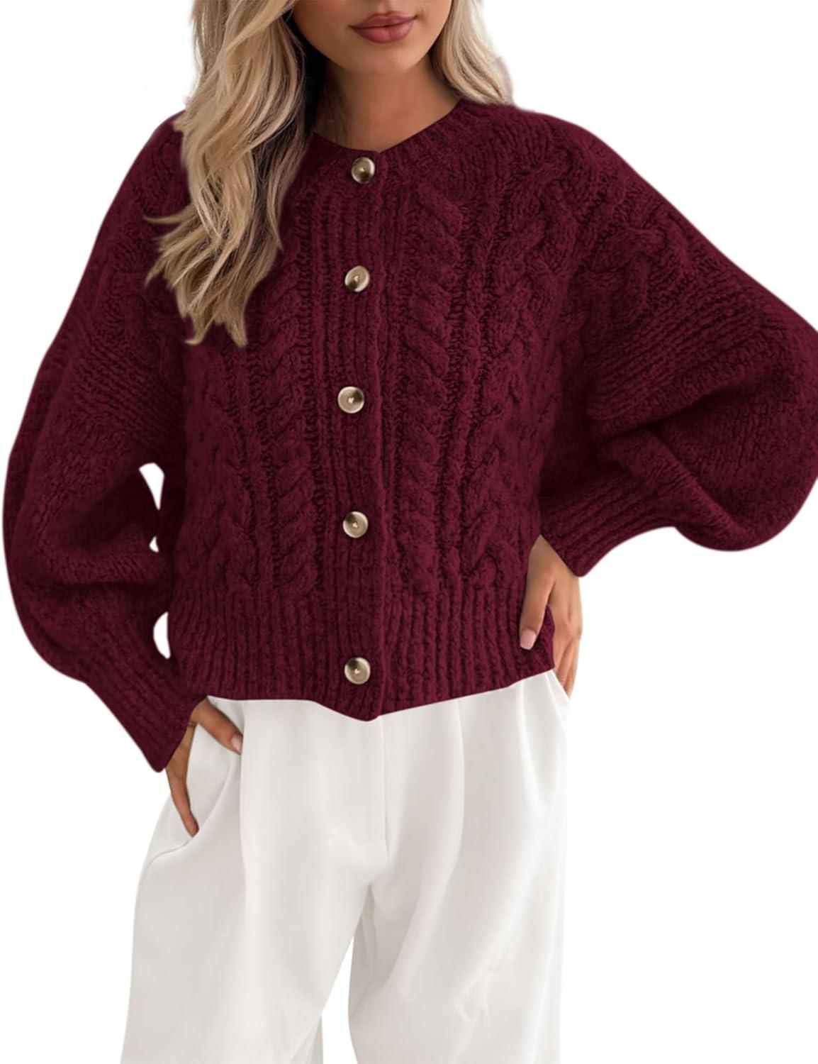 imageBTFBM Chunky Cardigan Sweaters for Women Fall Fashion 2025 Button Lantern Long Sleeve Cable Knit Winter Coats OuterwearBurgundy