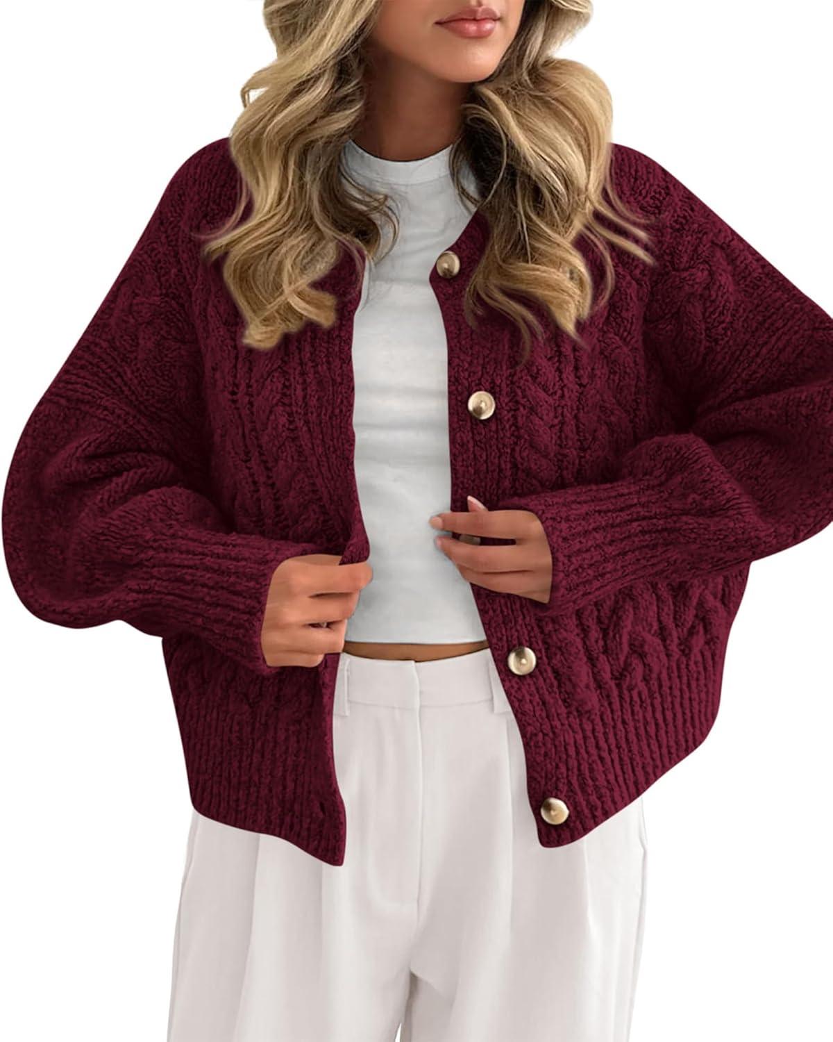 imageBTFBM Chunky Cardigan Sweaters for Women Fall Fashion 2025 Button Lantern Long Sleeve Cable Knit Winter Coats OuterwearBurgundy