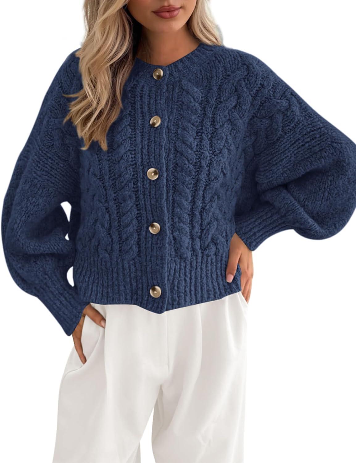 imageBTFBM Chunky Cardigan Sweaters for Women Fall Fashion 2025 Button Lantern Long Sleeve Cable Knit Winter Coats OuterwearDark Blue