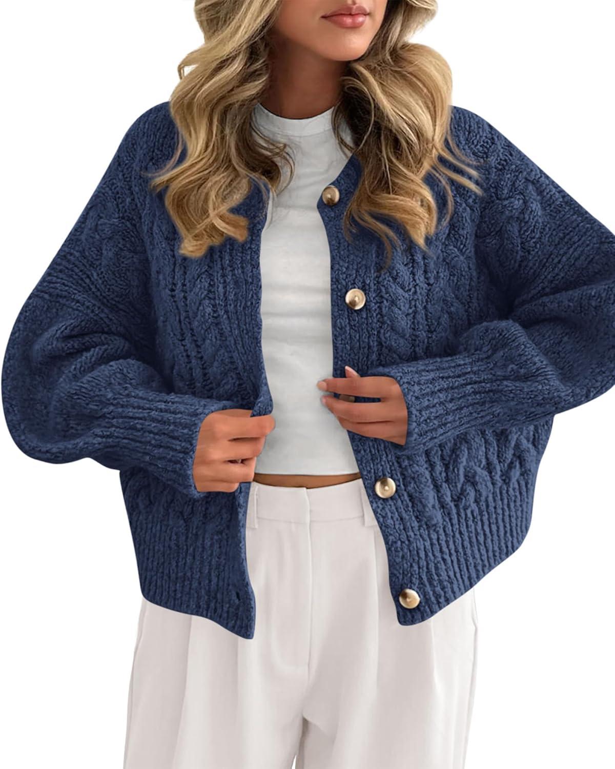 imageBTFBM Chunky Cardigan Sweaters for Women Fall Fashion 2025 Button Lantern Long Sleeve Cable Knit Winter Coats OuterwearDark Blue