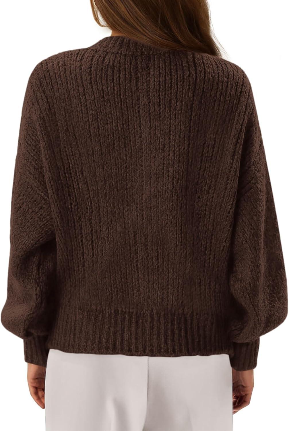 imageBTFBM Chunky Cardigan Sweaters for Women Fall Fashion 2025 Button Lantern Long Sleeve Cable Knit Winter Coats OuterwearDark Brown