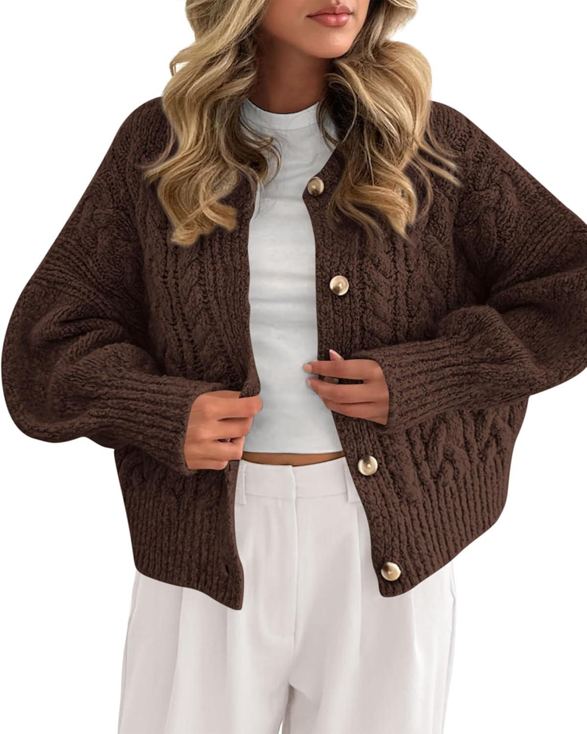 imageBTFBM Chunky Cardigan Sweaters for Women Fall Fashion 2025 Button Lantern Long Sleeve Cable Knit Winter Coats OuterwearDark Brown