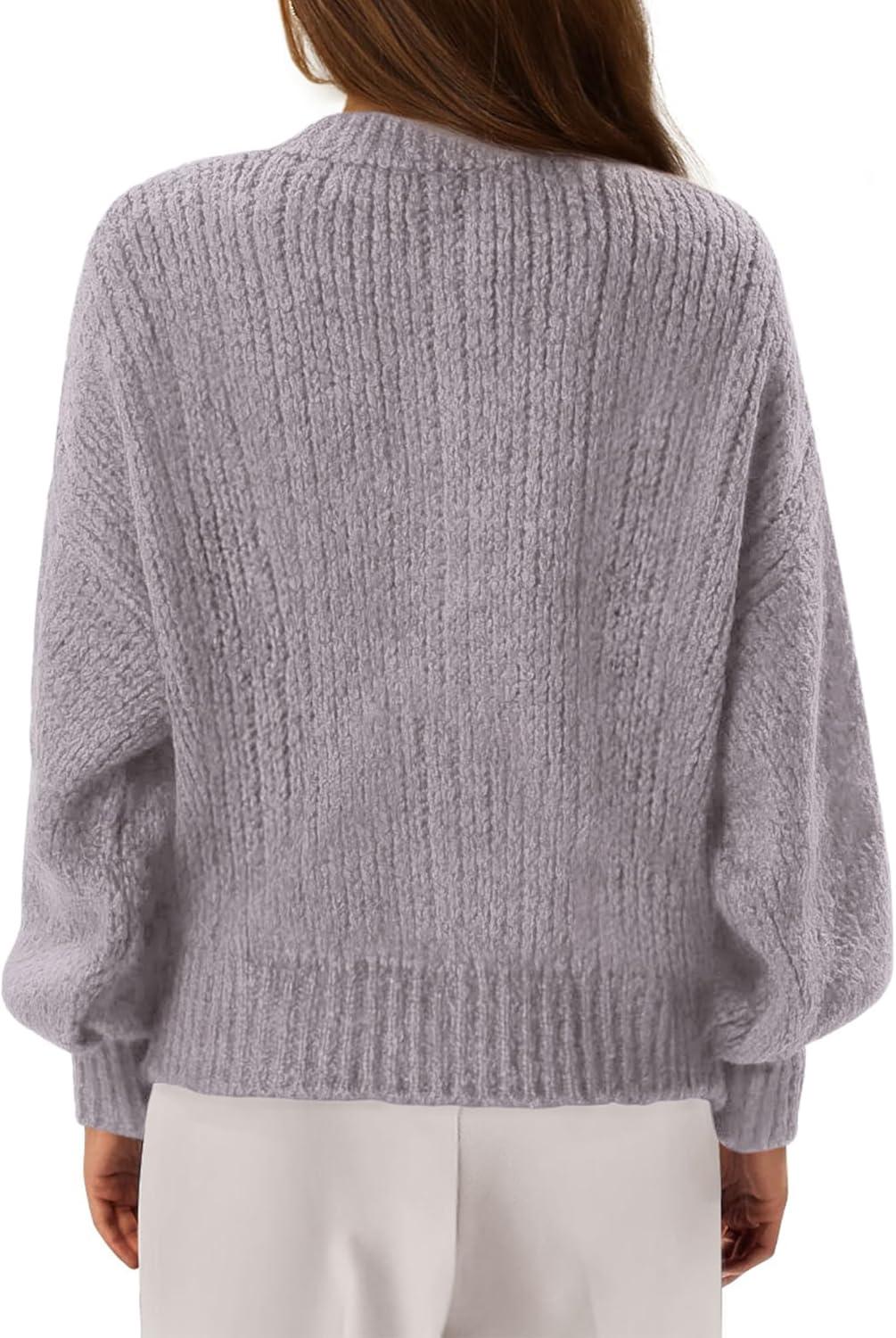 imageBTFBM Chunky Cardigan Sweaters for Women Fall Fashion 2025 Button Lantern Long Sleeve Cable Knit Winter Coats OuterwearGrey Purple