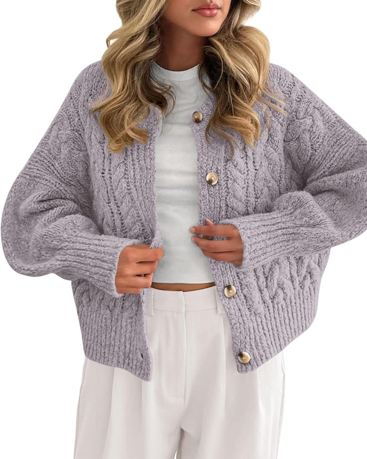 imageBTFBM Chunky Cardigan Sweaters for Women Fall Fashion 2025 Button Lantern Long Sleeve Cable Knit Winter Coats OuterwearGrey Purple