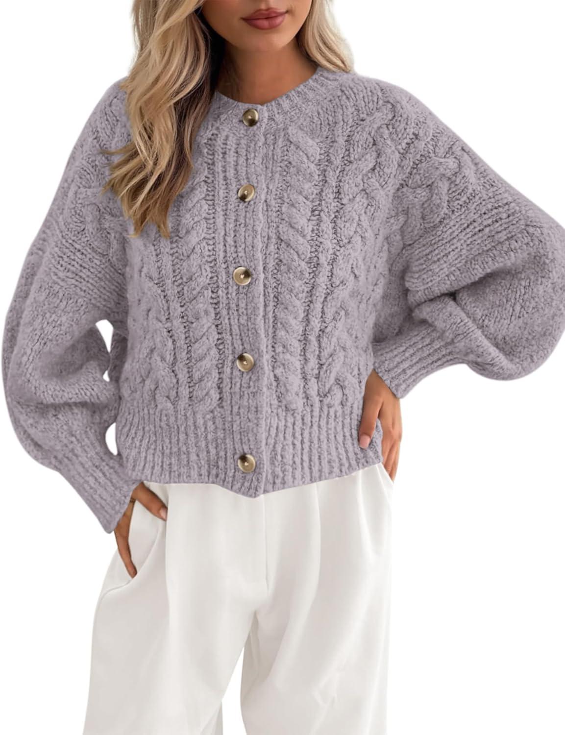 imageBTFBM Chunky Cardigan Sweaters for Women Fall Fashion 2025 Button Lantern Long Sleeve Cable Knit Winter Coats OuterwearGrey Purple
