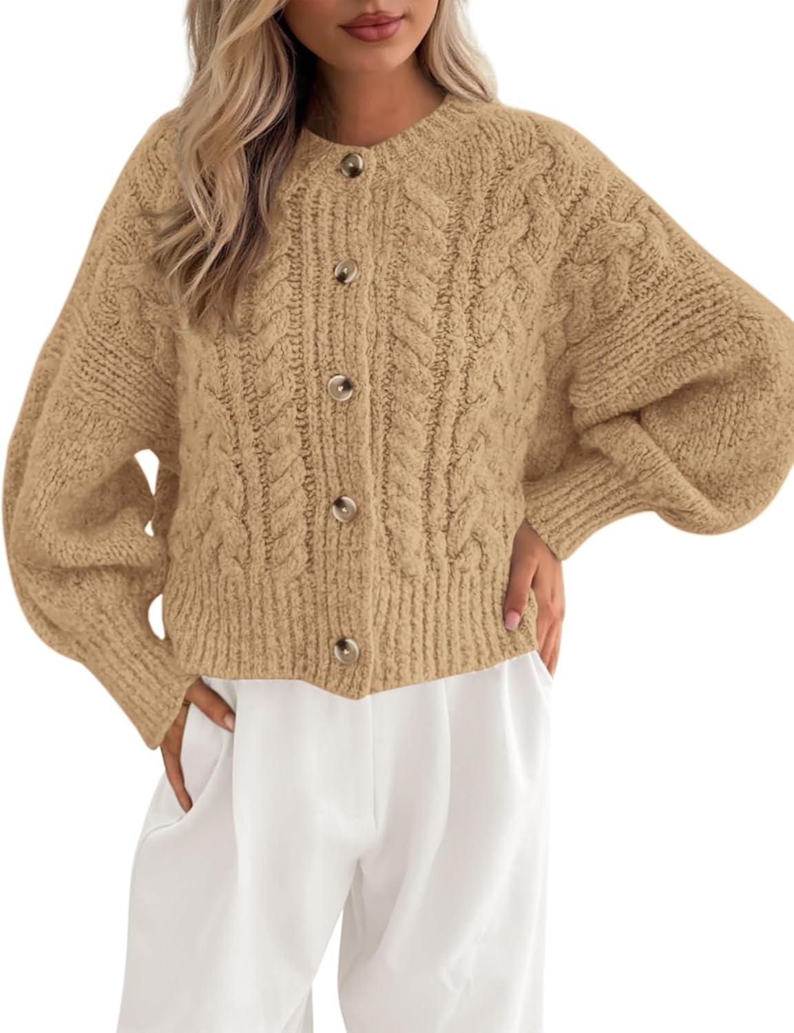imageBTFBM Chunky Cardigan Sweaters for Women Fall Fashion 2025 Button Lantern Long Sleeve Cable Knit Winter Coats OuterwearKhaki