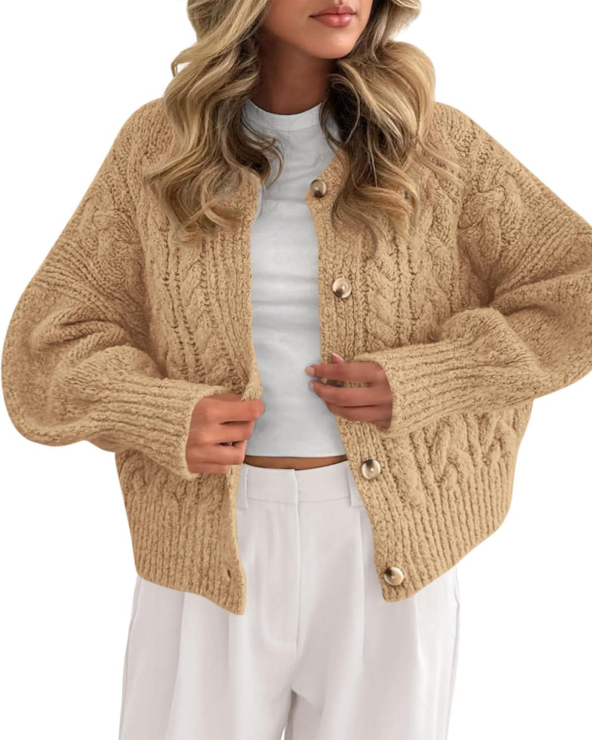 imageBTFBM Chunky Cardigan Sweaters for Women Fall Fashion 2025 Button Lantern Long Sleeve Cable Knit Winter Coats OuterwearKhaki